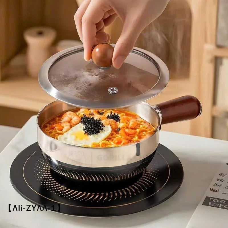 【A】17cm/14cm Stainless Steel Cooking Pans With Wooden Handle & Glass Lid - Multi-Purpose Small Pots For Noodles And Eggs