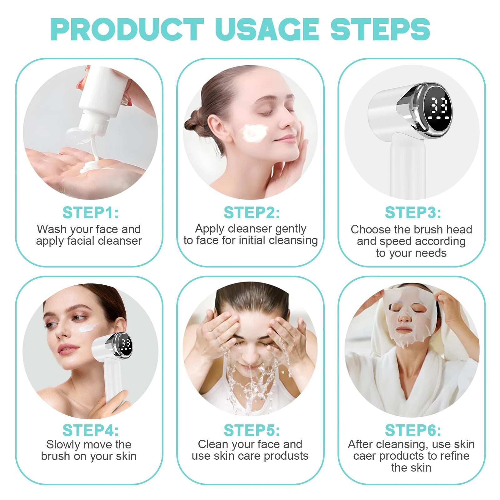 Electric Sonic Facial Cleansing Brush Waterproof Face Scrubber Deep Clean Exfoliating Skin Care Device