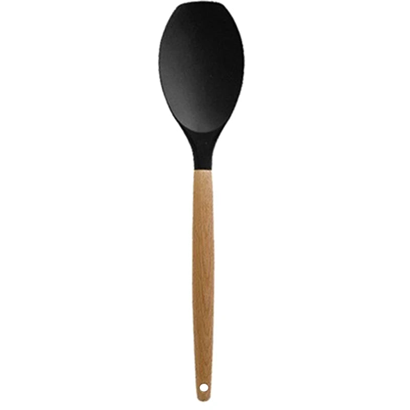 ♥Silicone Cooking Utensils with Wooden Handle – Heat-Resistant Spatula & Spoon for Non-Stick Pans
