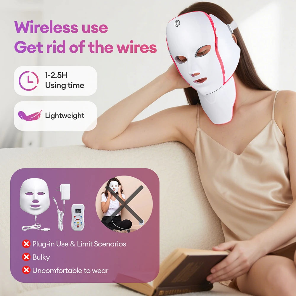LED Facial Mask with 7 Colors Light Wireless LED Face Mask Neck Care Beauty Mask Skin Care Machine