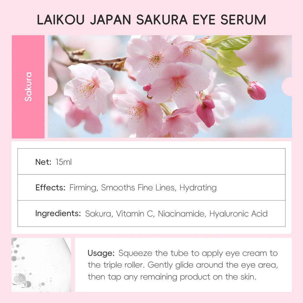  LAIKOU Sakura Eye Serum Roller Massage Anti-Aging,Hydrating & Brightening Eye Dark Circle & Puffiness Reduction Eye Cream 15ml