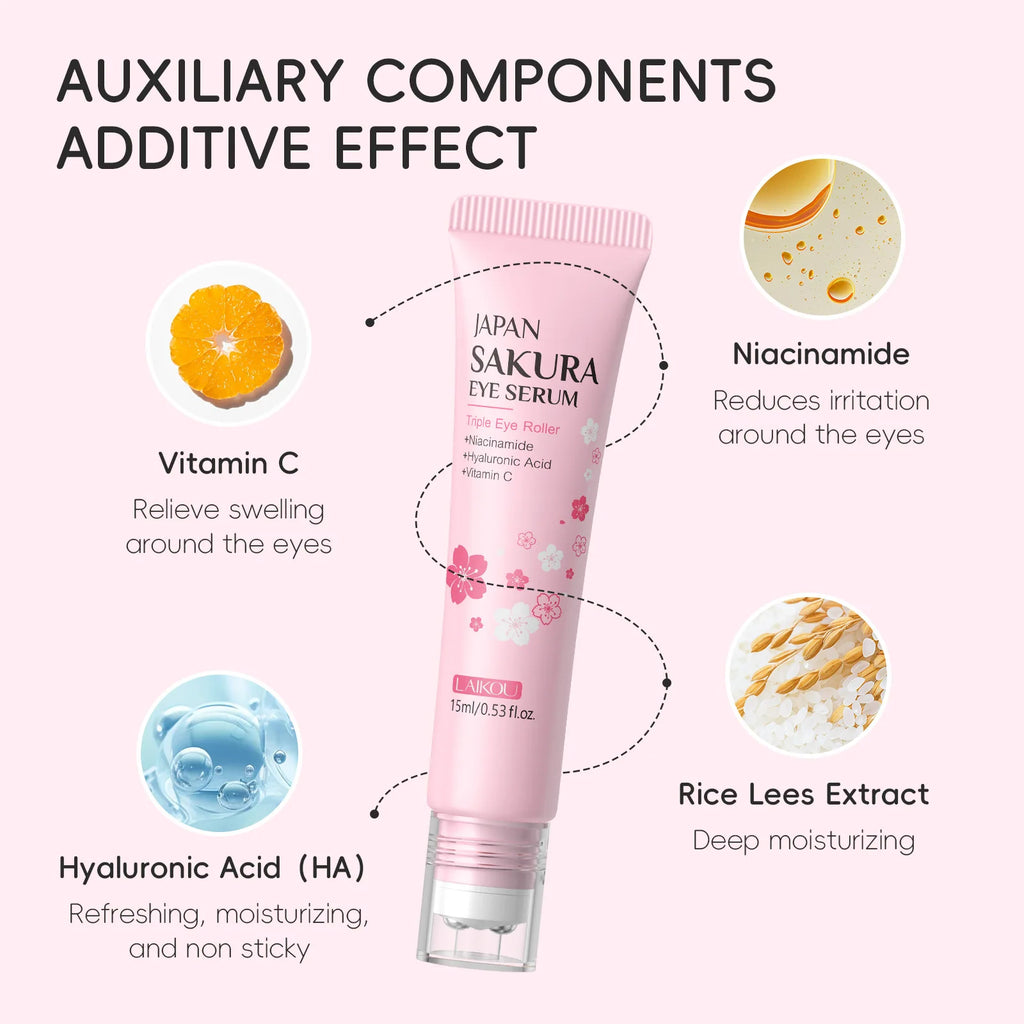  LAIKOU Sakura Eye Serum Roller Massage Anti-Aging,Hydrating & Brightening Eye Dark Circle & Puffiness Reduction Eye Cream 15ml