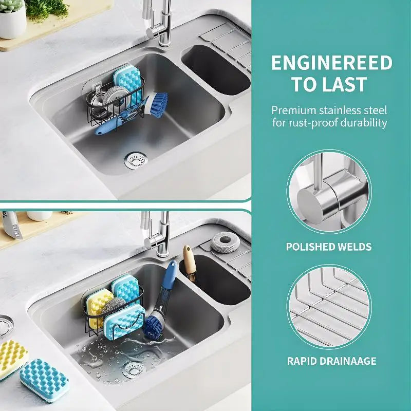 Sink Organizer - Stainless Steel Suction Sponge Stand - Fast-Draining, Easy-Clean Holder with Hook for Modern Kitchens