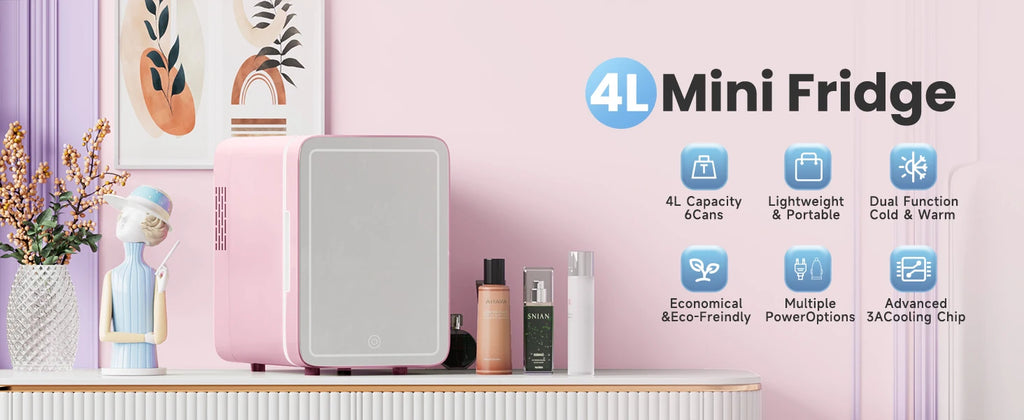 Skincare Fridge with Dimmable LED Light Mirror, 4L Makeup Mini Fridge for Bedroom, Car