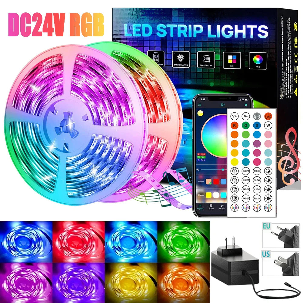 DC24V Smart LED Strip Light Kit Bluetooth APP Controlled RGB Color Changing Lights 5-40M Flexible LED Tape with Power Supply