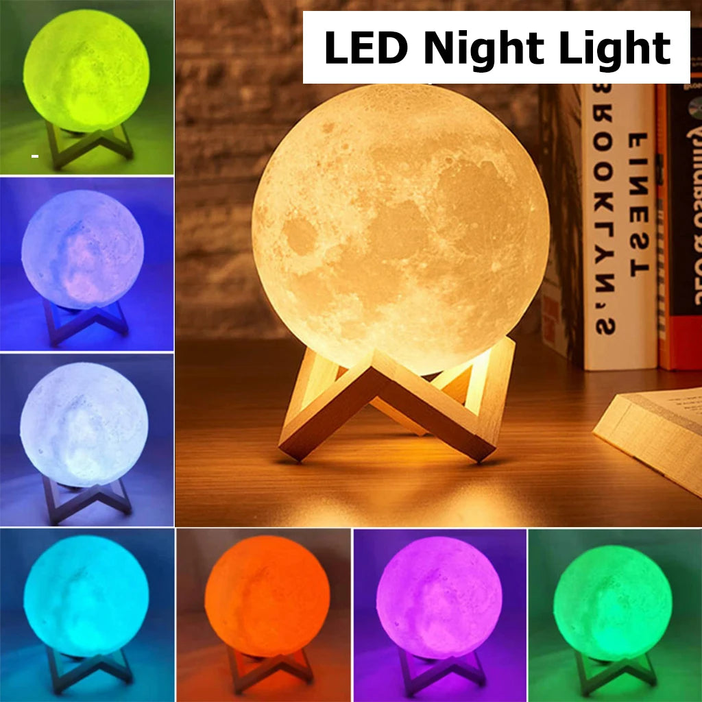 Led Moon Lamp Night Light With Stand 8cm Table Print Bracket Battery 3d Lights Warm white multicolor On Home Lamps Romantic