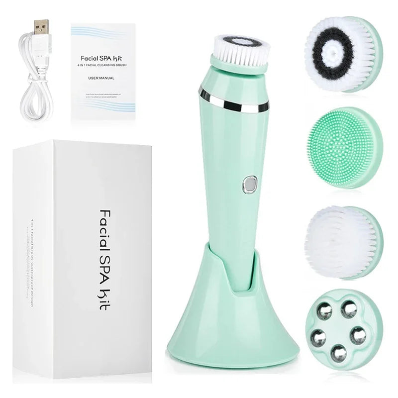 Electric Facial Cleansing Brush with 4 Face Cleaning Device 3 Modes Skincare Brush Heads Waterproof Wireless Facial Cleansing