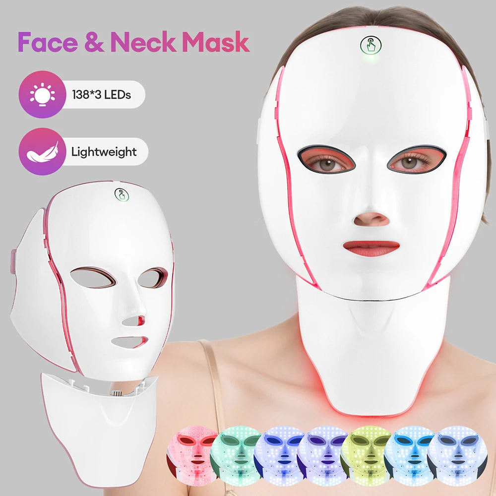 Newly Upgraded LED Face Mask with Neck Wireless 7 Colors Photon LED Facial Mask Repair Skin Rejuvenation Firming Beauty Tool