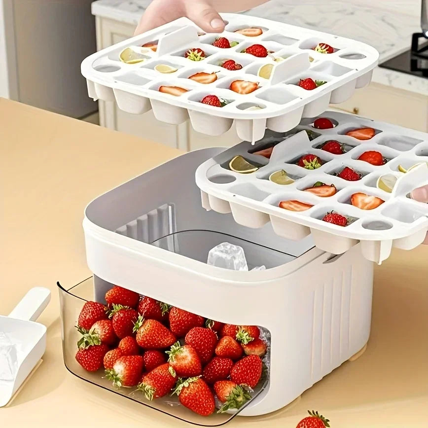 2-Layer Ice Cube Tray with Lid, Large Capacity & Space-Saving, Perfect for Small Freezers. Easy Make & Store.