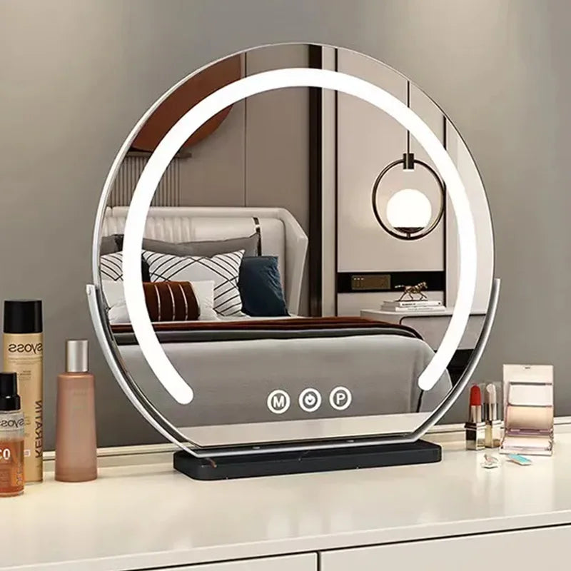 LED Half-Circular Lighted Makeup Mirror with Rotatable Touch Control, Smart Desktop Vanity Light