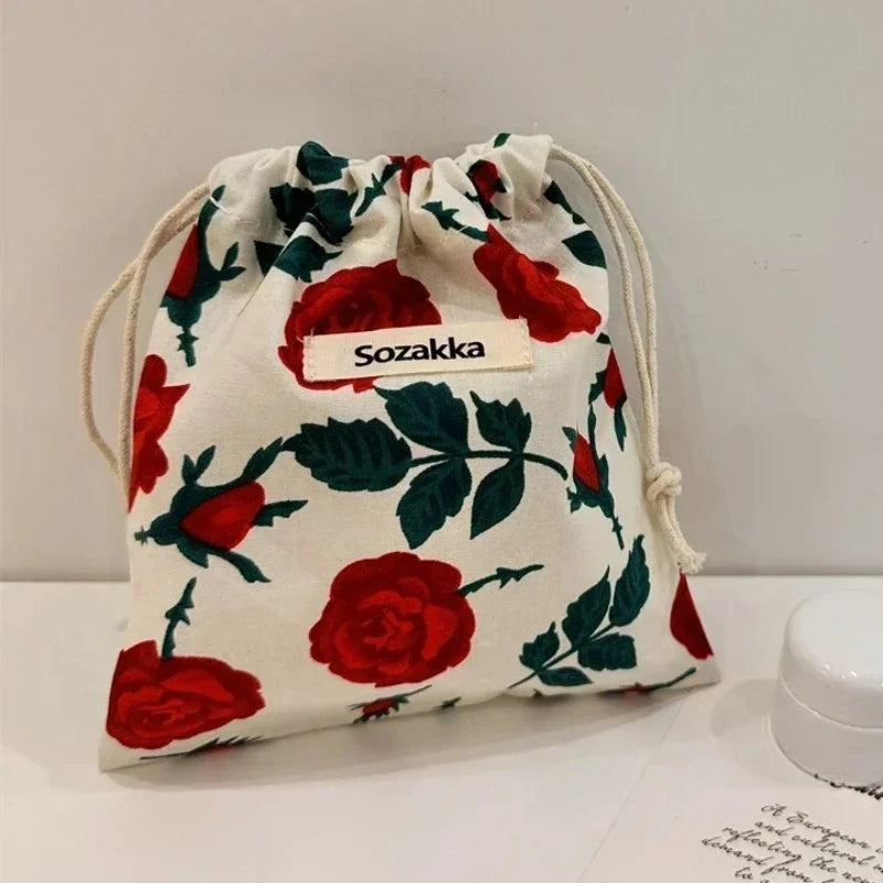 Cute Floral Drawstring Makeup Bag for Women Portable Cosmetic Organizer Pouch Candy Storage