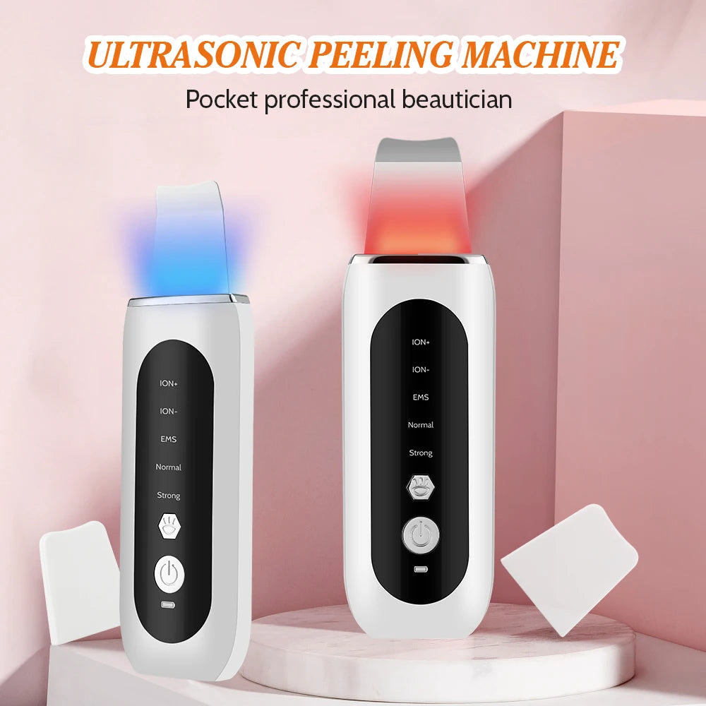 Ultrasonic Skin Scrubber EMS Face Lifting Machine Red Blue Light Blackhead Remover Pore Cleaner Deep Cleansing Facial Spatula