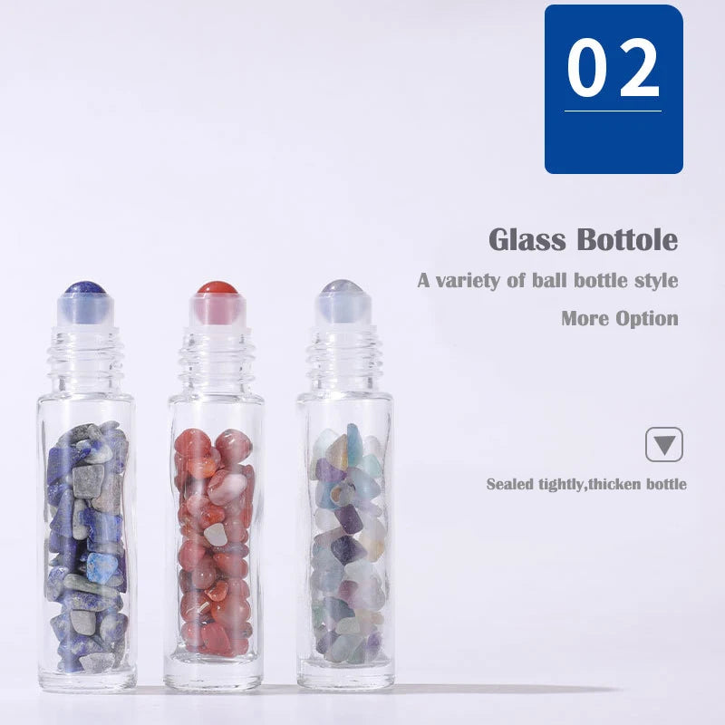 10Pcs 10ml Roll On Bottle Essential Oil Natural Jade Roller Bottles with Crystal Chip Glass Travel Refillable Bottle Containers