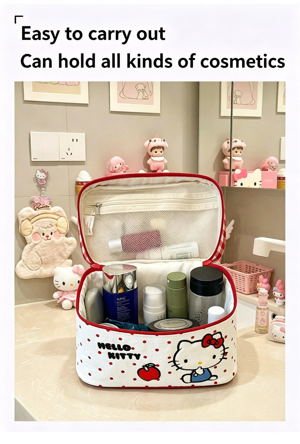 Hello Kitty Cosmetic Bag Large Capacity Travel Makeup Organizer with Handle