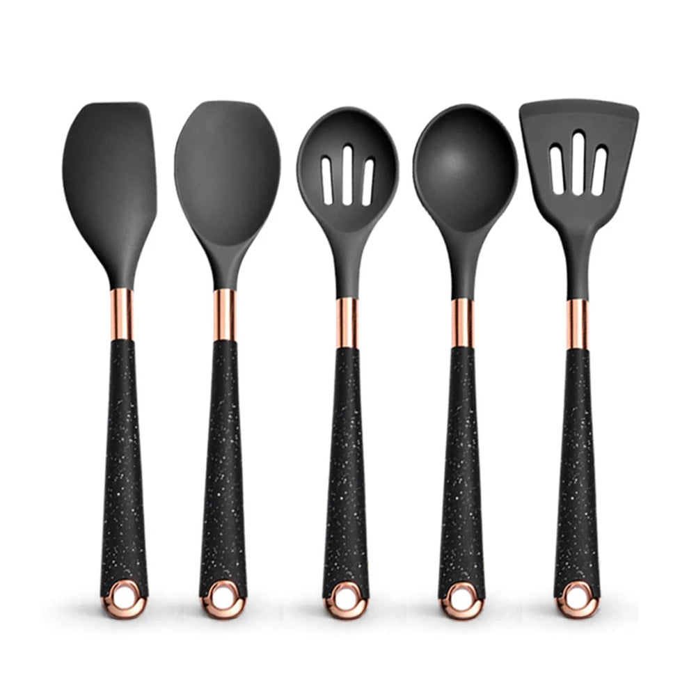 Silicone Cooking Utensils Set Kitchen Heat Resistant Rose Gold-Plated Handle Non-Stick Spatula, Spoon, Quality Gift, 5-13 Pcs