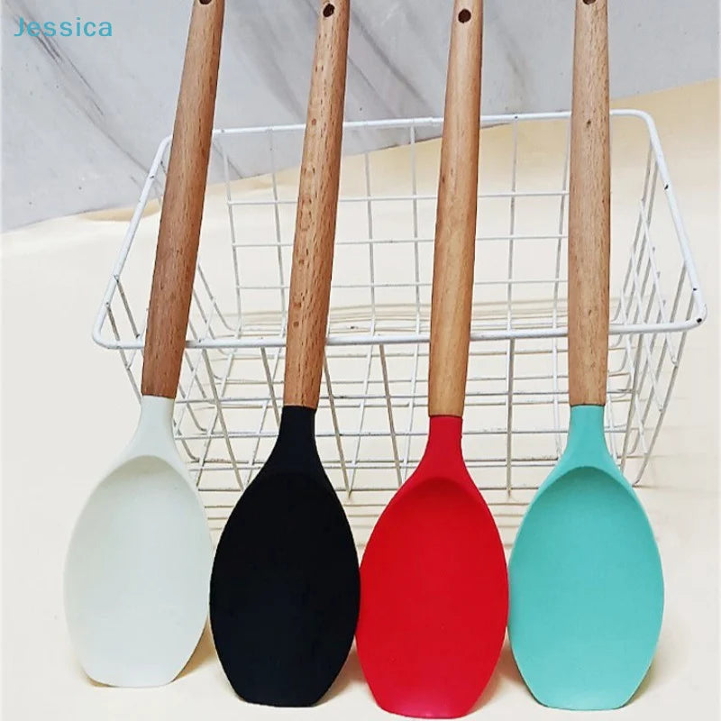 ♥Silicone Cooking Utensils with Wooden Handle – Heat-Resistant Spatula & Spoon for Non-Stick Pans