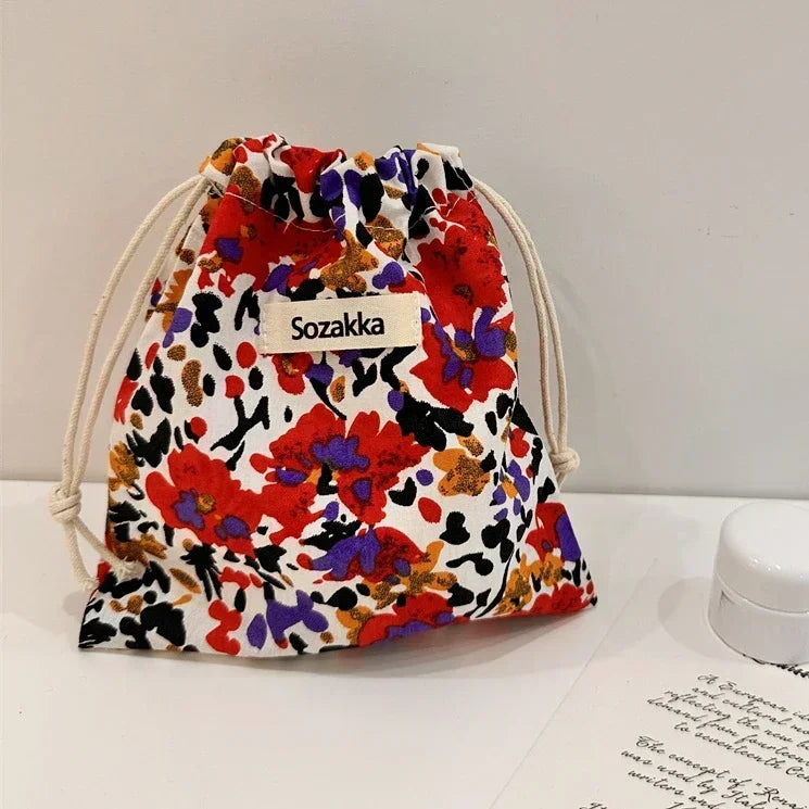 Cute Floral Drawstring Makeup Bag for Women Portable Cosmetic Organizer Pouch Candy Storage