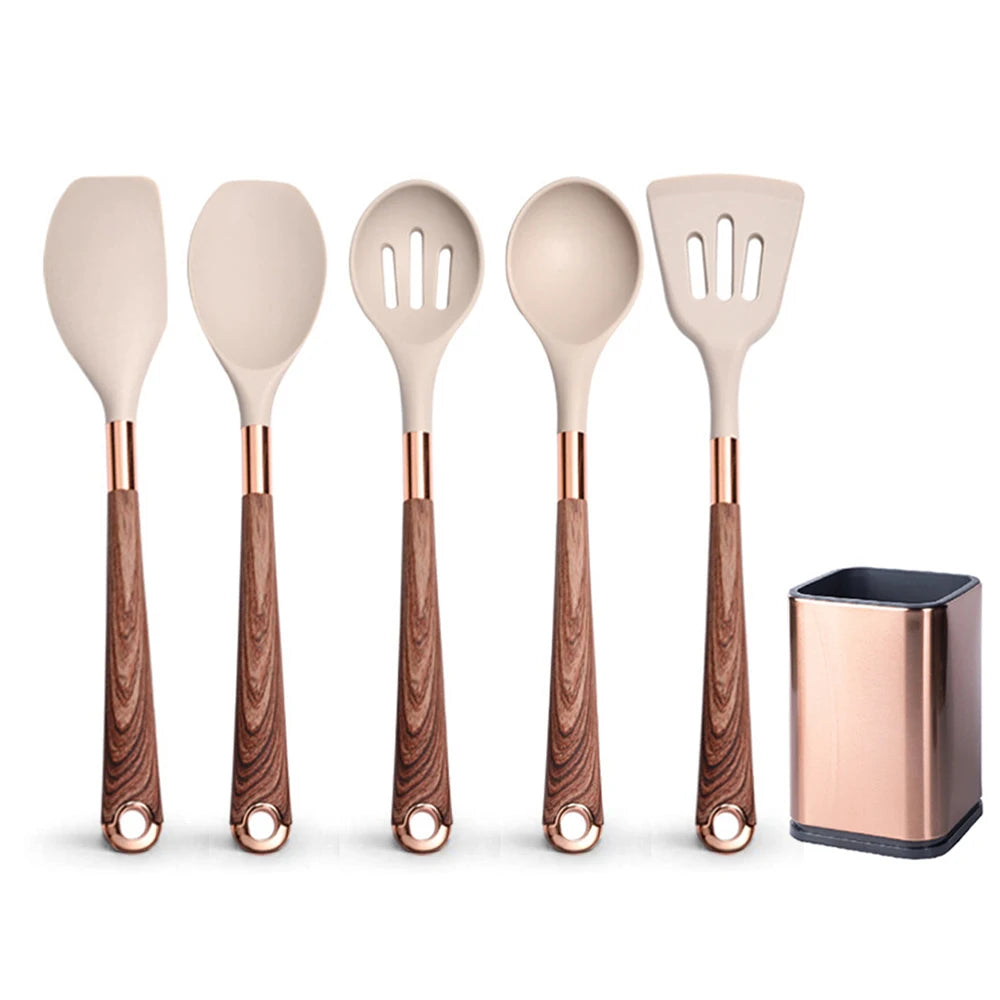 Silicone Cooking Utensils Set Kitchen Heat Resistant Rose Gold-Plated Handle Non-Stick Spatula, Spoon, Quality Gift, 5-13 Pcs