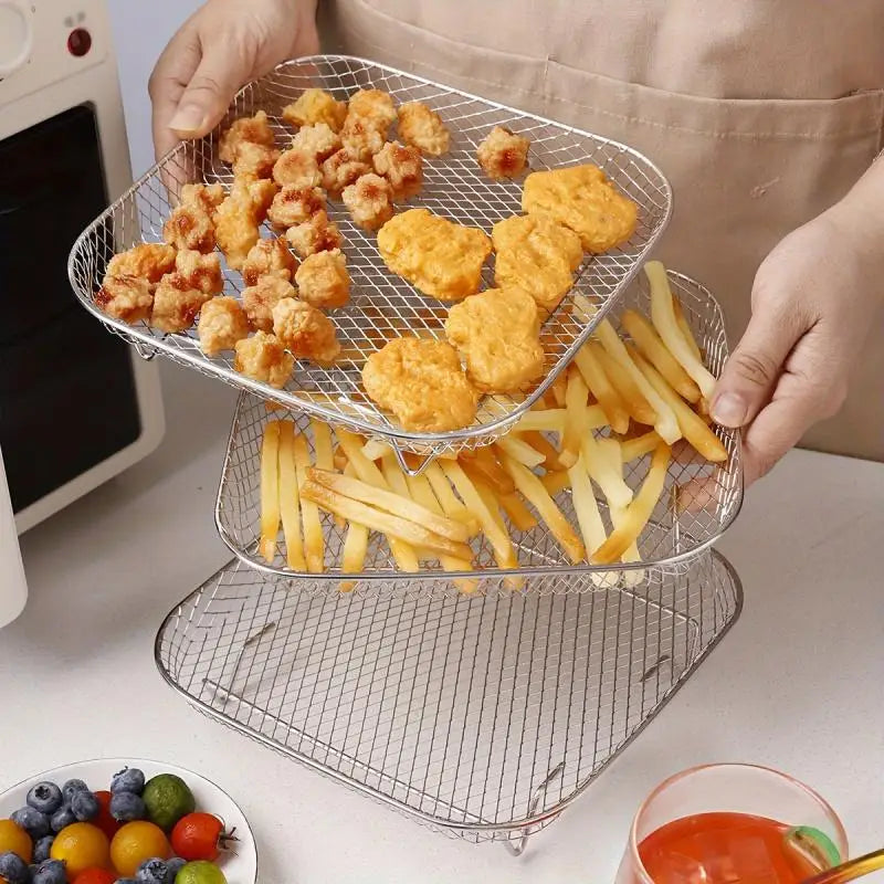 3-piece Stainless Steel Air Fryer Accessory Set - Square Fries and Grilling Rack for Kitchen Dining, Air Fryer Rack