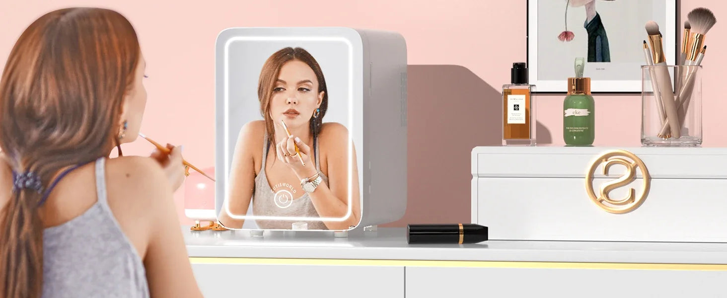 Skincare Fridge with Dimmable LED Light Mirror, 4L Makeup Mini Fridge for Bedroom, Car