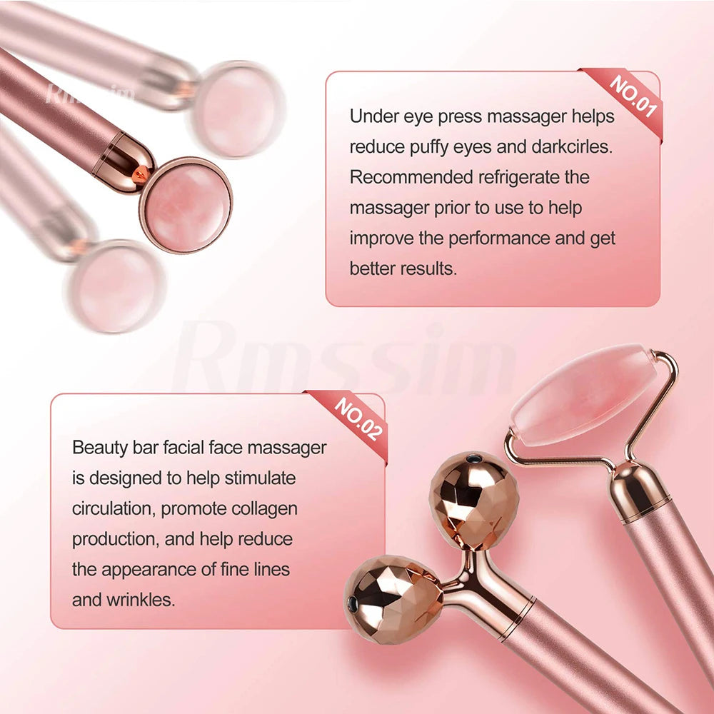 New Electric Vibrating Jade Roller Massager For Slimming Face Lifting Rose Quartz 3D Roller Stone Facial Skin Care Beauty Tool