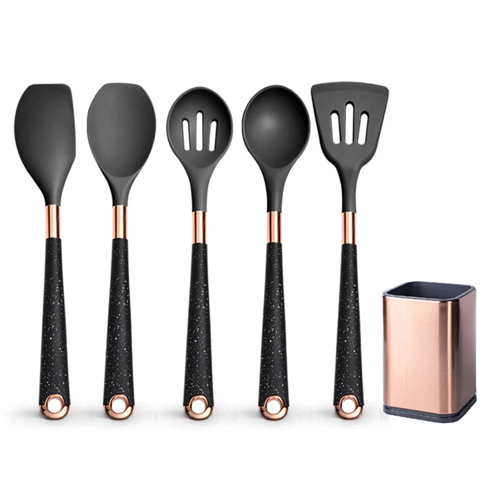 Silicone Cooking Utensils Set Kitchen Heat Resistant Rose Gold-Plated Handle Non-Stick Spatula, Spoon, Quality Gift, 5-13 Pcs
