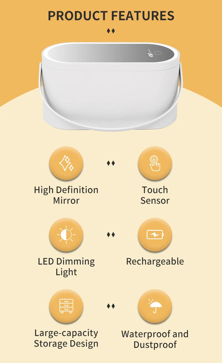 LED Makeup Mirror with Lights Portable Makeup Storage Box Waterproof Cosmetic Organizer Detachable Travel Vanity Mirror