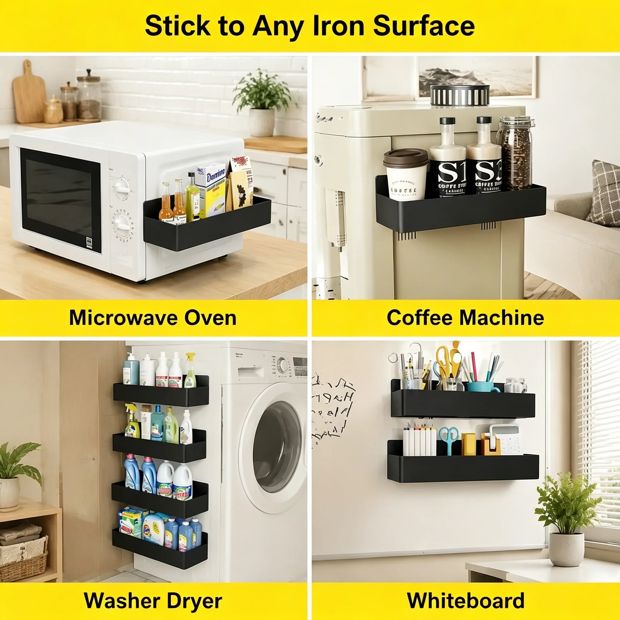 2 Pack Black Magnetic Spice Rack for Refrigerator No Drill Kitchen Fridge Shelf Organizer for Spice Food Black Jar Holder