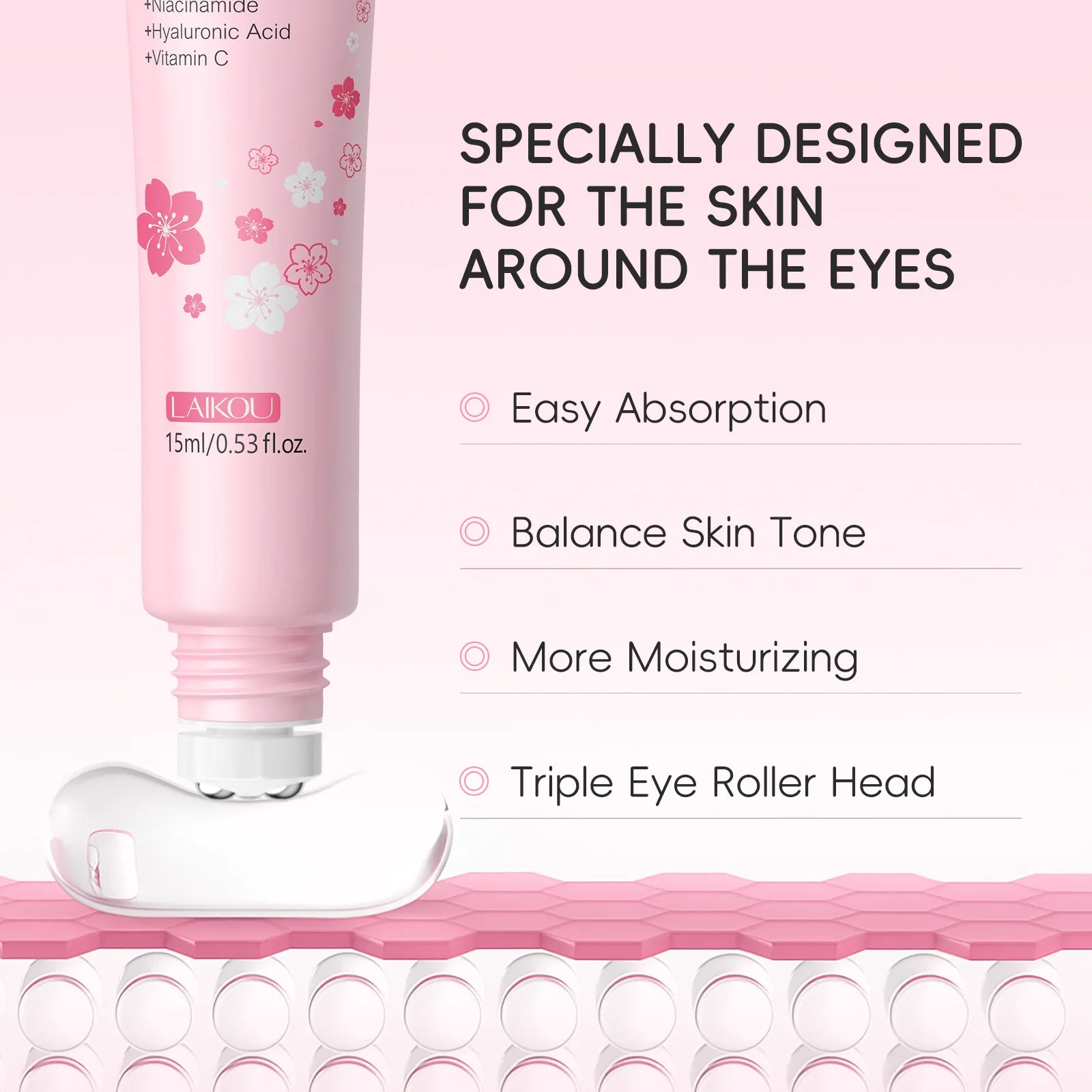  LAIKOU Sakura Eye Serum Roller Massage Anti-Aging,Hydrating & Brightening Eye Dark Circle & Puffiness Reduction Eye Cream 15ml