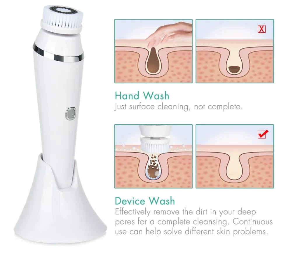 Electric Facial Cleansing Brush with 4 Face Cleaning Device 3 Modes Skincare Brush Heads Waterproof Wireless Facial Cleansing