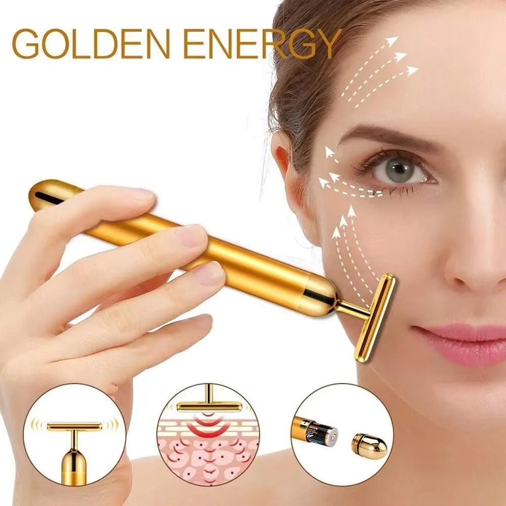 24k Gold Face Lift Bar Roller Vibration Slimming Massager Facial Stick Facial Beauty Skin Care T Shaped Vibrating Tool with Bag