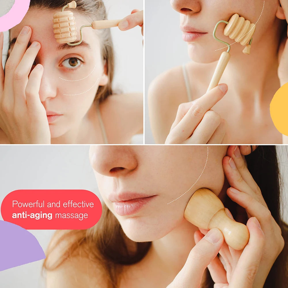 Face Massager Maderoterapia Face Roller Mini Wood Therapy Face Slimming Gua Sha Scraper Facial Lifting Wrinkle Remover