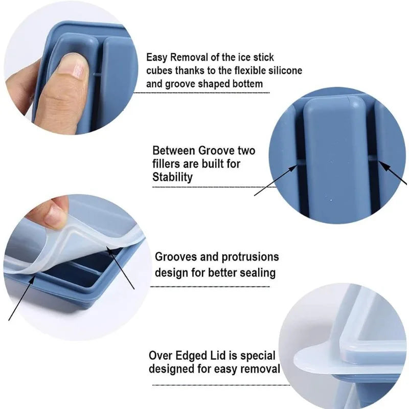 Ice Cube Tray Long Ice Stick Tray Silicone with Lid Rectangular Narrow Stick Easy Release Ice Mold for Juice Cocktail Bar Tools