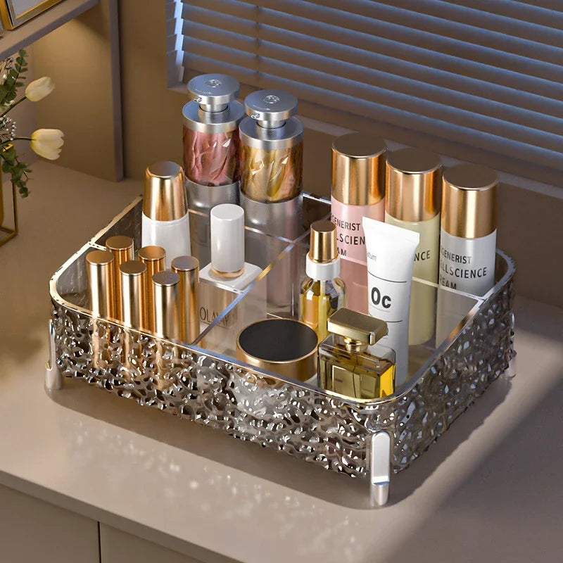 Glacier-print Desktop Makeup Organizer with Legs Clear Lipstick Split Vanity Storage PET Organizer Makeup Organizer Box